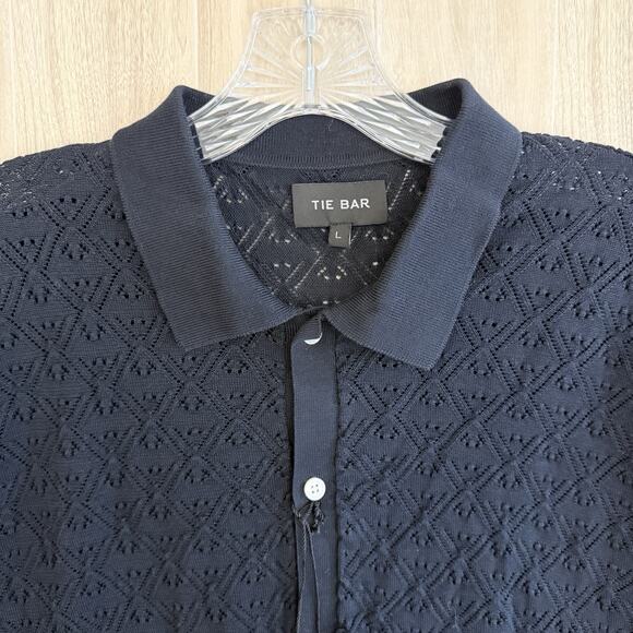 The Tie Bar Polo Shirt Men’s Sz Large Full Placket Pointelle Navy Cotton Preppy - Picture 4 of 9